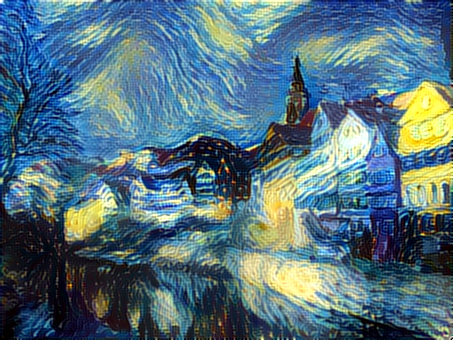 Neural network rendered painting in the style of *Starry Night* with the content from Neckarfront houses. Photo credit: github.com slash jcjohnson
